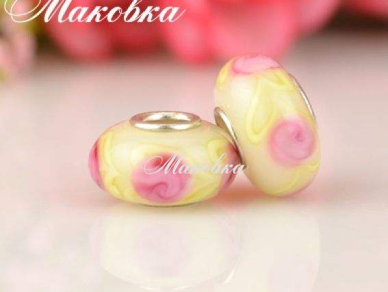 Бусина Евро Lampwork №92 лимонная с розовыми цветочками