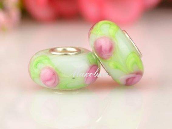 Бусина Евро Lampwork №94 бледно-мятная с розовыми цветочками
