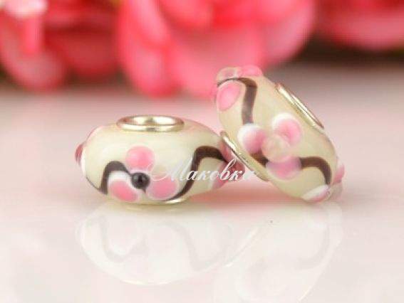 Бусина Евро Lampwork №97 кремовая с розовыми цветами и кофейной полоской