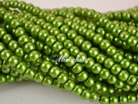 Жемчуг 4 мм, №33 Зеленый светло-гороховый (light bean green) , низка Жемчуг 4 мм, №33 Зеленый светло-гороховый (light bean green) , низка