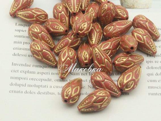 Бусина Капля Акцент коралловая с золотым узором 1 шт