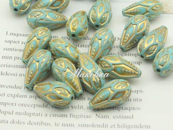 Бусина Капля Акцент бирюзовая с золотым узором 1 шт