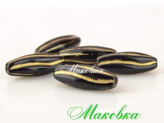 Намистини Зерно 24x9 мм Ебенове дерево із золотим візерунком смужки, 5 шт Намистини Зерно 24x9 мм Ебенове дерево із золотим візерунком смужки, 5 шт