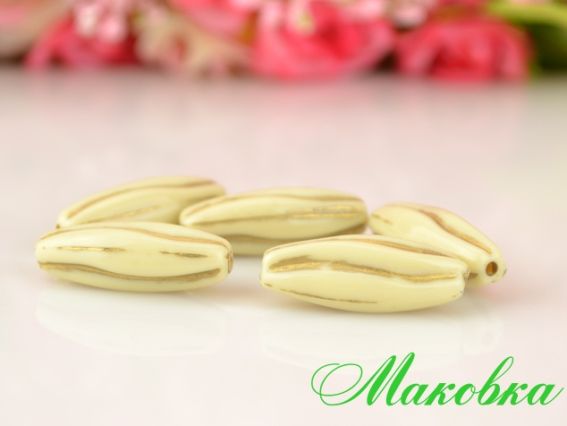 Намистини слонова кістка Зерно 24x9 мм  із золотим візерунком смужки 5 шт