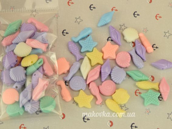 Акриловые бусины Морские (рыбки, ракушки, звездочки, морские коньки), пастельные, микс, 10 г