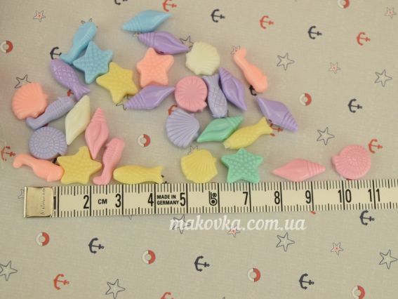 Акриловые бусины Морские (рыбки, ракушки, звездочки, морские коньки), пастельные, микс, 10 г