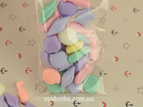 Акриловые бусины Морские (рыбки, ракушки, звездочки, морские коньки), пастельные, микс, 10 г