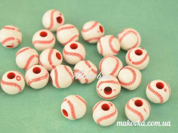 Бусина акриловая Мячик теннисный, 12 мм, белая с красным