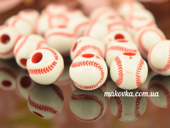 Акриловая Бусина Мячик теннисный, шар 12 мм, белая с красным