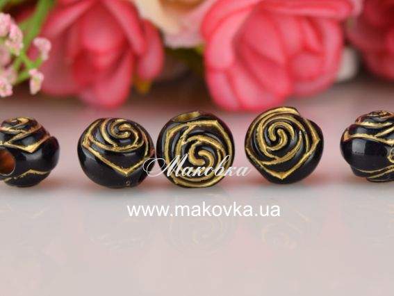 Бусины ШАР 10х12мм, Розы с позолотой. 5 шт/уп, черные Бусины ШАР 10х12мм, Розы с позолотой. 5 шт/уп, черные