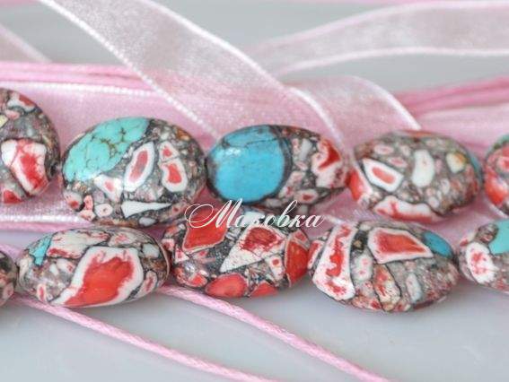 Бусина БК-85 Бирюза мозаика, овал 16х13 мм, 1 шт, серо-красно-голубая Бусина БК-85 Бирюза мозаика, овал 16х13 мм, 1 шт, серо-красно-голубая