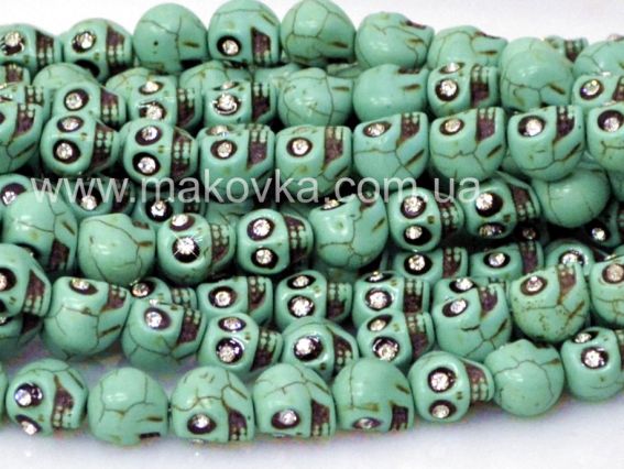 Бусина Череп №02 со стазами 13x10 мм, бирюза