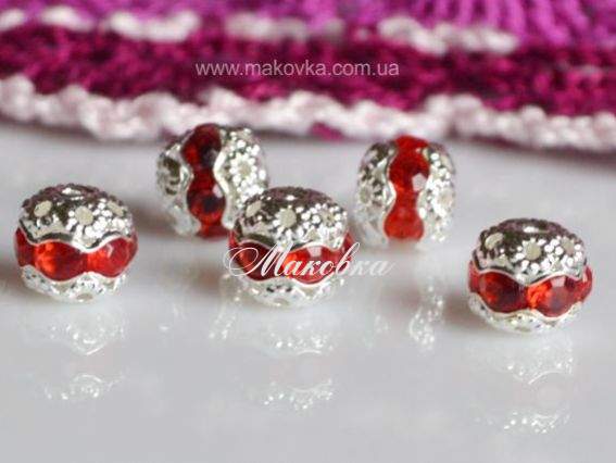 Бусина-рондель филигранная Шар со стразами 8,5х7,5 мм, серебро с красным Бусина-рондель филигранная Шар со стразами 8,5х7,5 мм, серебро с красным