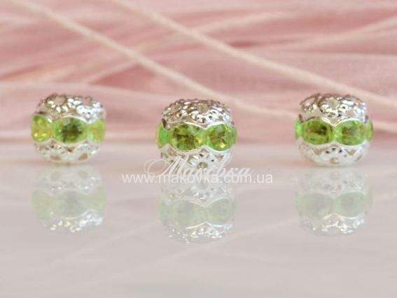Бусина-рондель филигранная Шар со стразами 8,5х7,5 мм, серебро с салатовым Бусина-рондель филигранная Шар со стразами 8,5х7,5 мм, серебро с салатовым