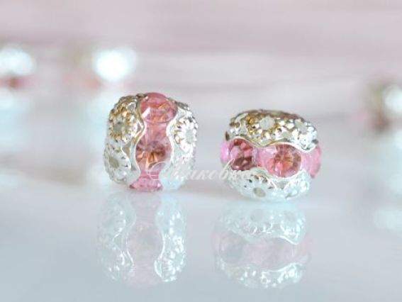 Бусина-рондель филигранная Шар со стразами 8,5х7,5 мм, серебро с розовым Бусина-рондель филигранная Шар со стразами 8,5х7,5 мм, серебро с розовым