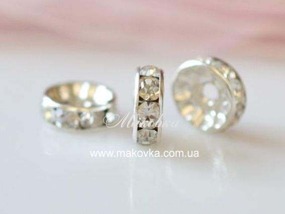 Рондель плоский Колесо со стразами 10 мм, серебро с белым Рондель плоский Колесо со стразами 10 мм, серебро с белым