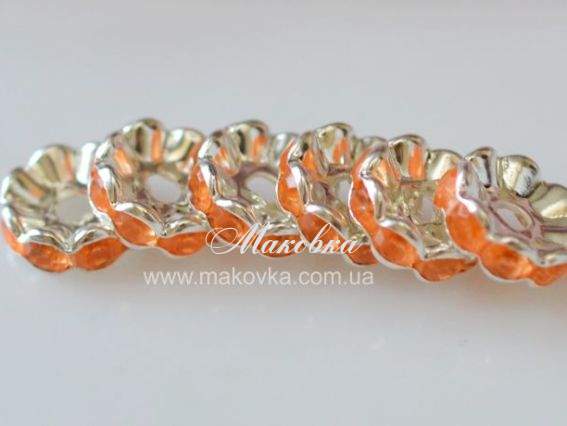 Рондель плоский Волна со стразами, 10 мм, серебро с оранжевым Рондель плоский Волна со стразами, 10 мм, серебро с оранжевым