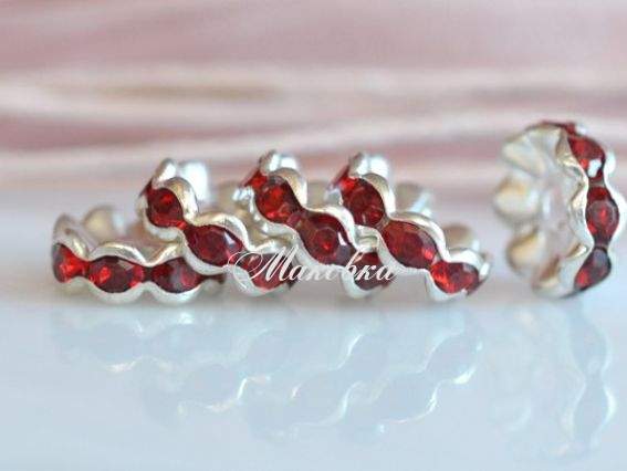 Рондель плоский Волна со стразами, 10 мм, серебро с красным 5 шт/уп Рондель плоский Волна со стразами, 10 мм, серебро с красным 5 шт/уп