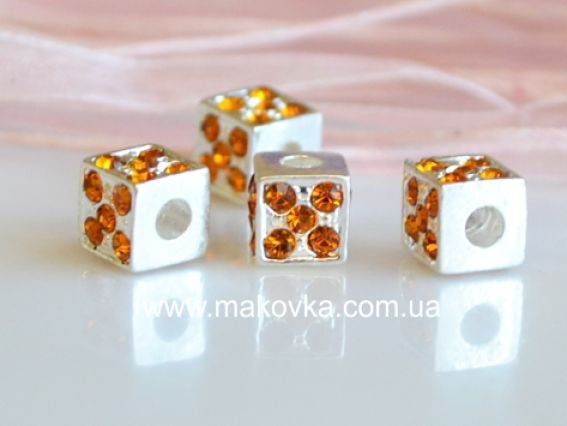 Бусина со стразами Куб 8 мм, серебро с желтым Бусина со стразами Куб 8 мм, серебро с желтым
