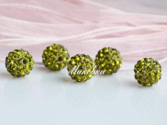 Бусина со стразами Шамбала 10 мм (А) светло-зеленая (цвет хризолита)