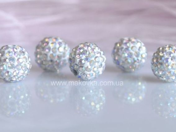 Бусина со стразами Шамбала 11 мм белая с перламутром Бусина со стразами Шамбала 11 мм белая с перламутром