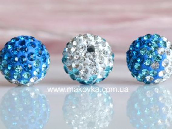 Бусина со стразами Шамбала Мультицвет 12 мм бело-голубая