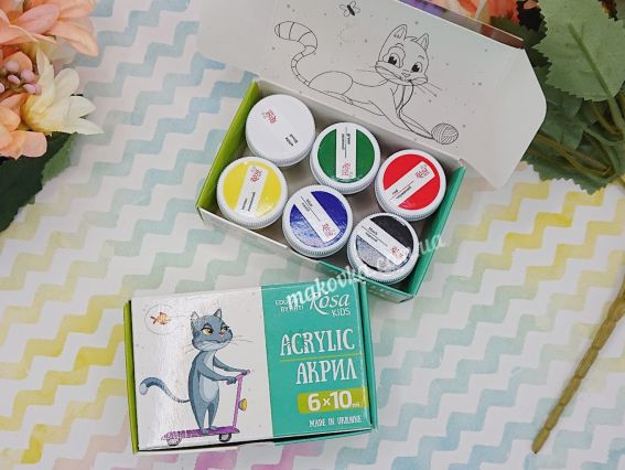 Набір акрилових фарб Cats 6 кольорів по 10мл, ROSA Kids 301213 Набір акрилових фарб Cats 6 кольорів по 10мл, ROSA Kids 301213