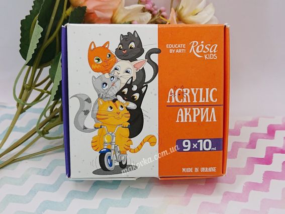  (Закрита коробка): Яскрава упаковка набору дитячого акрилу ROSA Kids Cats із зображенням котів.