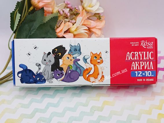  (Закрита коробка): Яскрава упаковка набору дитячого акрилу ROSA Kids Cats із зображенням котів.
