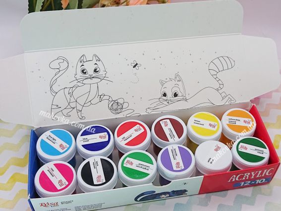 Відкрита коробка набору ROSA Kids Cats із контурною розмальовкою котиків на внутрішній стороні кришки.