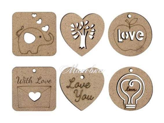 Набор заготовок для декорирования Теги Love, МДФ, 6 шт, 4х4см,  ROSA Talent Набор заготовок для декорирования Теги Love, МДФ, 6 шт, 4х4см,  ROSA Talent