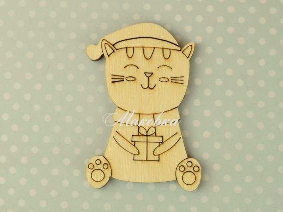 Заготовка фігурка плоска №0836 Кіт у шарфу з подарунком, фанера, 1 шт Заготовка фігурка плоска №0836 Кіт у шарфу з подарунком, фанера, 1 шт
