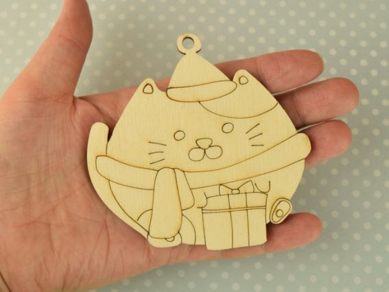 Новорічна Заготівля для декору фігурка плоска №0839 Кіт з великим подарунком, фанера, 9*9см,  