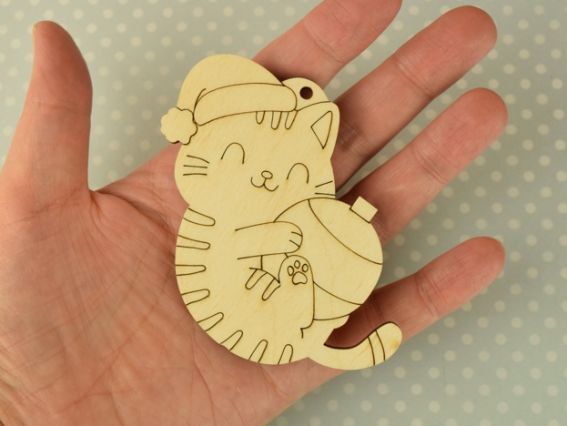 Новорічна Заготівля для декору фігурка плоска №0840 Кошеня з ялинковою кулею, фанера, 9,3х5,5см,  