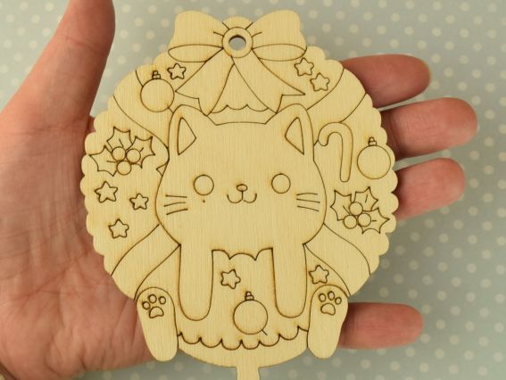 Новорічна Заготівля для декору фігурка плоска №0843 Кіт у різдвяному віночку, фанера, 13х9,5см,  