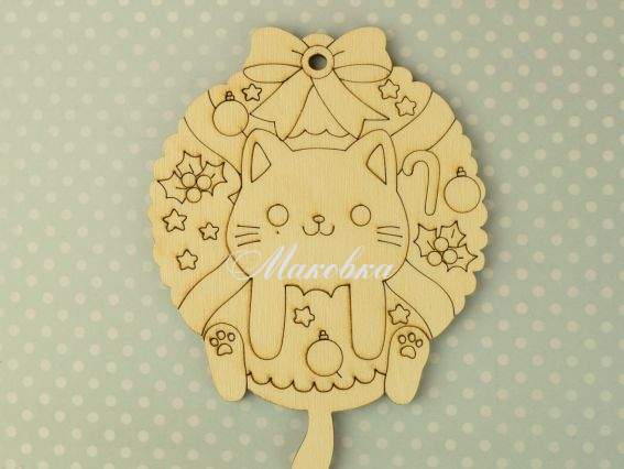 Заготовка фігурка плоска №0843 Кіт у різдвяному віночку, фанера, 1 шт Заготовка фігурка плоска №0843 Кіт у різдвяному віночку, фанера, 1 шт