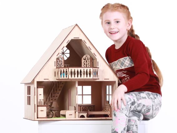 Дом кукольный с балконом №1212 одноэтажный с мансардой деревянный