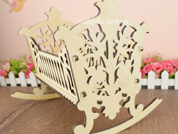 Заготівля Лялькова Ліжко-гойдалка велике різьблене, фанера 6мм, 22х23х22см, №1248