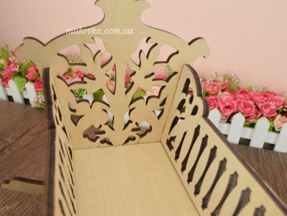 Заготівля Лялькова Ліжко-гойдалка велике різьблене, фанера 6мм, 22х23х22см, №1248