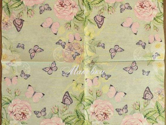 Декупажна серветка №111 Троянди та метелики в рожевих тонах, 1 шт Декупажна серветка №111 Троянди та метелики в рожевих тонах, 1 шт