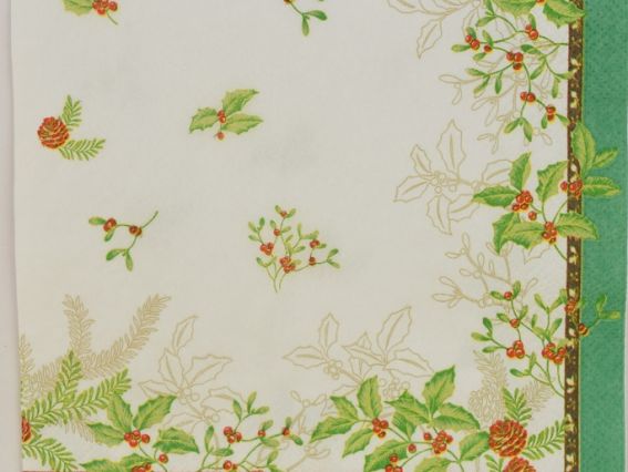 Декупажная салфетка №143 новогодняя - мелкие ягоды и шишки в зеленой рамке, 1 шт Декупажная салфетка №143 новогодняя - мелкие ягоды и шишки в зеленой рамке, 1 шт