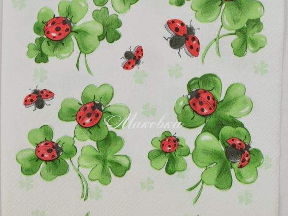 Декупажная салфетка №155 божьи коровки на клевере, 1 шт Декупажная салфетка №155 божьи коровки на клевере, 1 шт