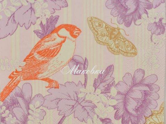 Декупажная салфетка №165 оранжевые птицы и сиреневые цветы, 1 шт