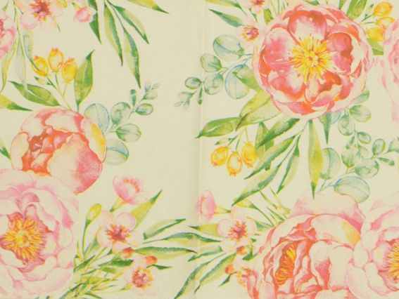 Декупажная салфетка №185, белая с розовыми пионами, 1 шт Декупажная салфетка №185, белая с розовыми пионами, 1 шт