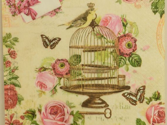 Декупажная салфетка №187, клетка, птица, розы, 1 шт  Декупажная салфетка №187, клетка, птица, розы, 1 шт 