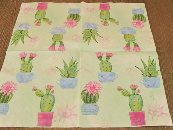 Cалфетка для декупажа №190 кактусы на салатовом фоне, 1 шт 