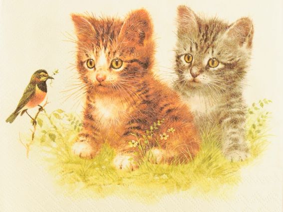 Декупажная салфетка №206 котята и птичка, 1 шт  Декупажная салфетка №206 котята и птичка, 1 шт 