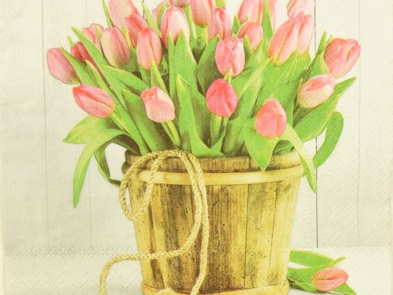 Декупажная салфетка №210 ведро с розовыми тюльпанами, 1 шт  Декупажная салфетка №210 ведро с розовыми тюльпанами, 1 шт 