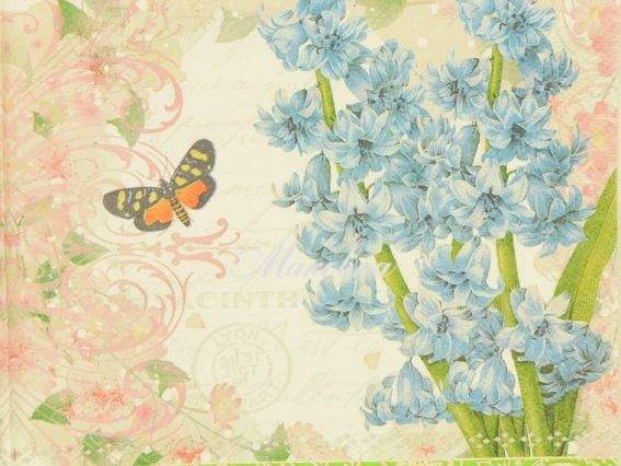 Декупажная салфетка №214 Гиацинты и бабочка, 1 шт 