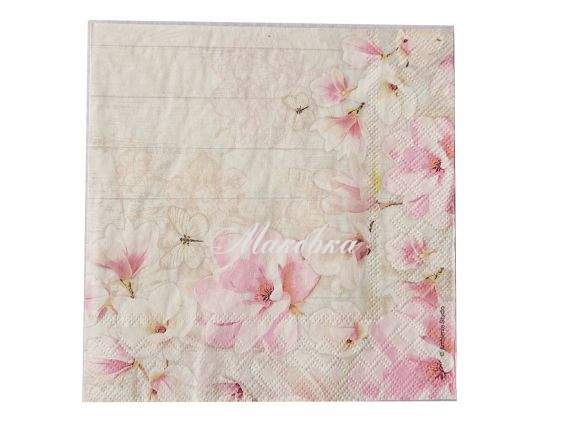 Декупажна серветка №220 Квіти магнолії , кремово-рожева 1 шт